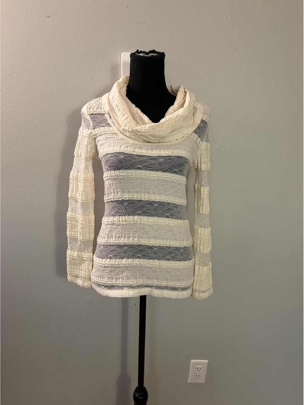 Anthropologie Ivory Striped Cowl Neck Textured Sweater Top